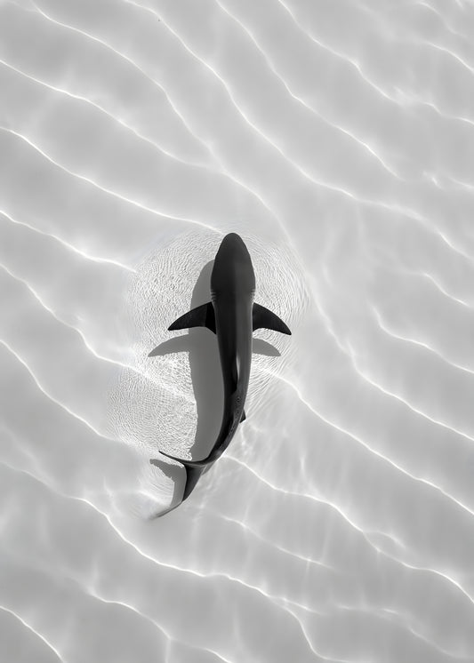 Minimalist Shark in Shallow Water Digital Art Poster | Ocean Wildlife Wall Print