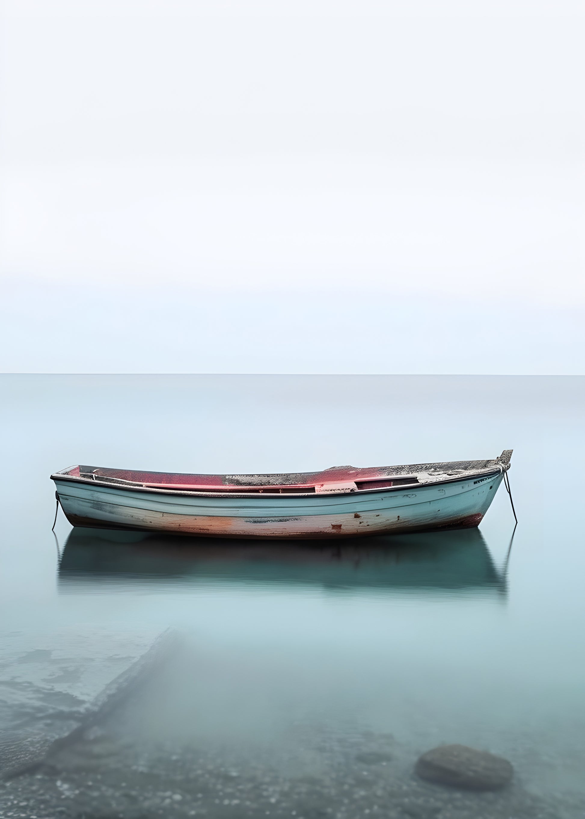 Lonely Boat on Calm Sea Digital Art Poster | Minimalist Coastal Wall Print
