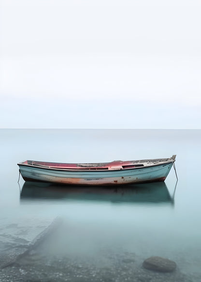 Lonely Boat on Calm Sea Digital Art Poster | Minimalist Coastal Wall Print