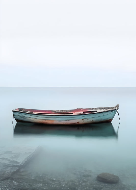 Lonely Boat on Calm Sea Digital Art Poster | Minimalist Coastal Wall Print