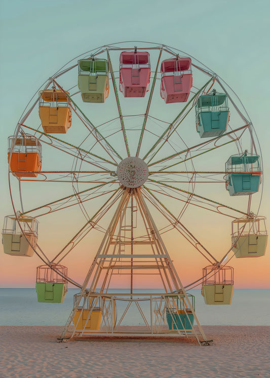 Colorful Ferris Wheel at Sunset on the Beach – Whimsical Digital Art Print