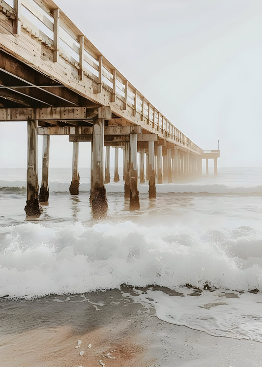 Coastal Wooden Pier with Ocean Waves – Serene Beach Photography Digital Poster