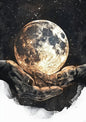 Celestial Moon in Hands Abstract Digital Art Poster | Mystical Wall Art
