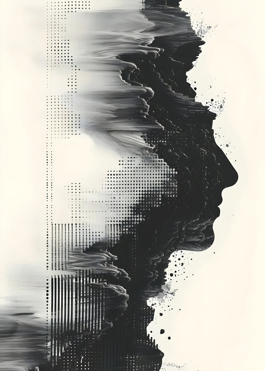 Abstract Monochrome Face Digital Art Poster – Surreal Black and White Printable Wall Art for Modern Decor