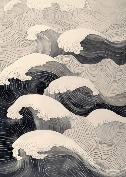 Japanese Wave Wall Art – Minimalist Ocean Print in Zen Line Art Style