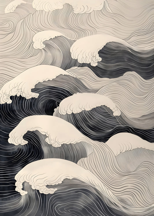 Japanese Wave Wall Art – Minimalist Ocean Print in Zen Line Art Style