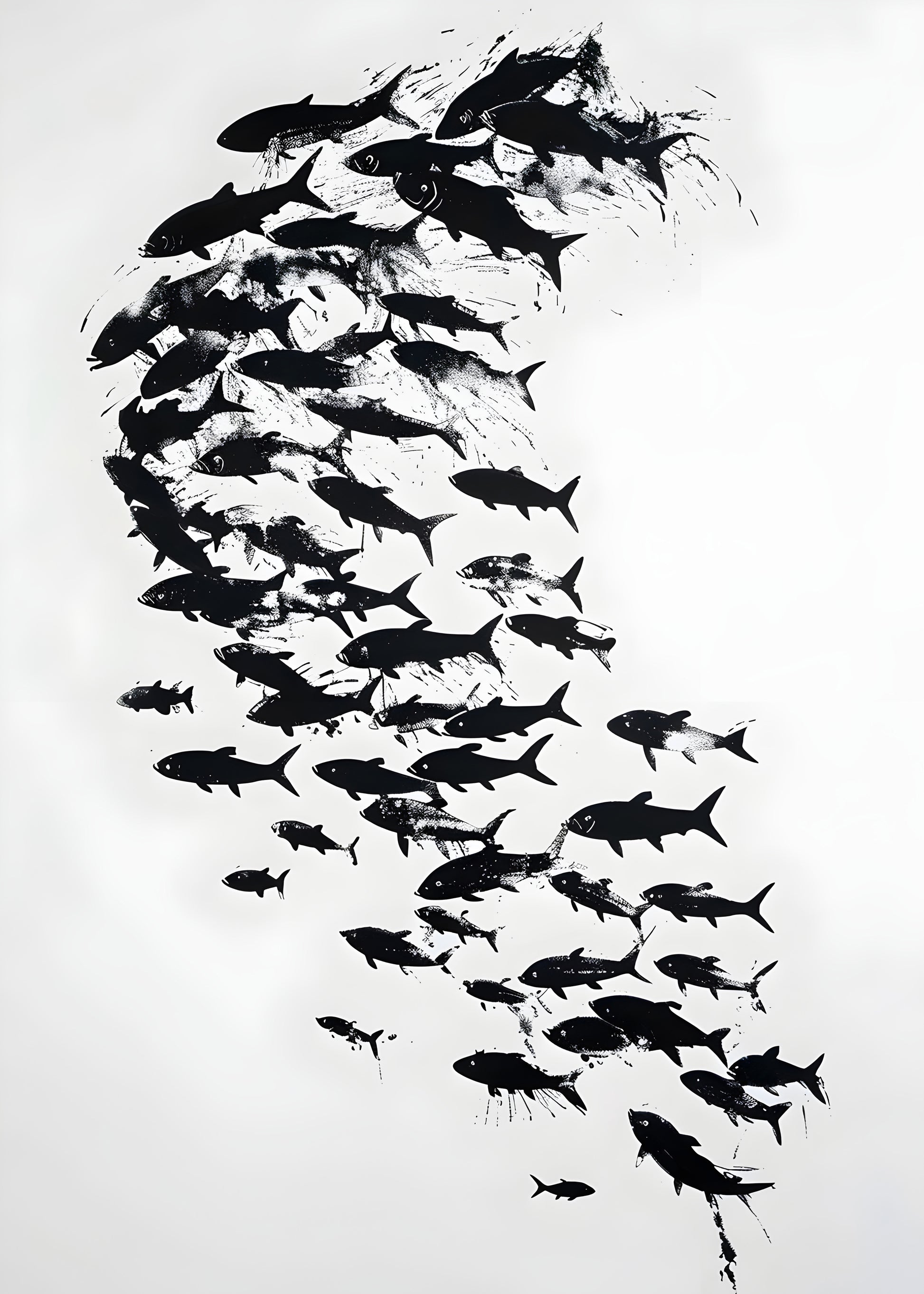 Black and White Fish School Wall Art – Minimalist Ocean Life Silhouette Print