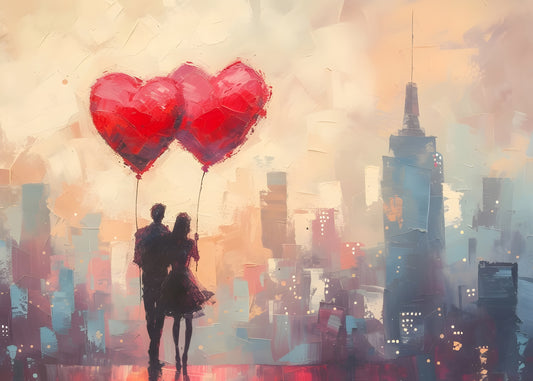 Romantic Cityscape Digital Art Poster – Couple with Heart Balloons | Love Wall Decor