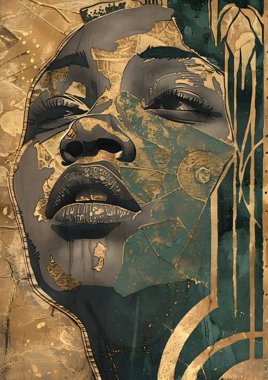 Afrofuturism Gold Digital Art Poster – Abstract Woman Portrait with Textured Collage Effect
