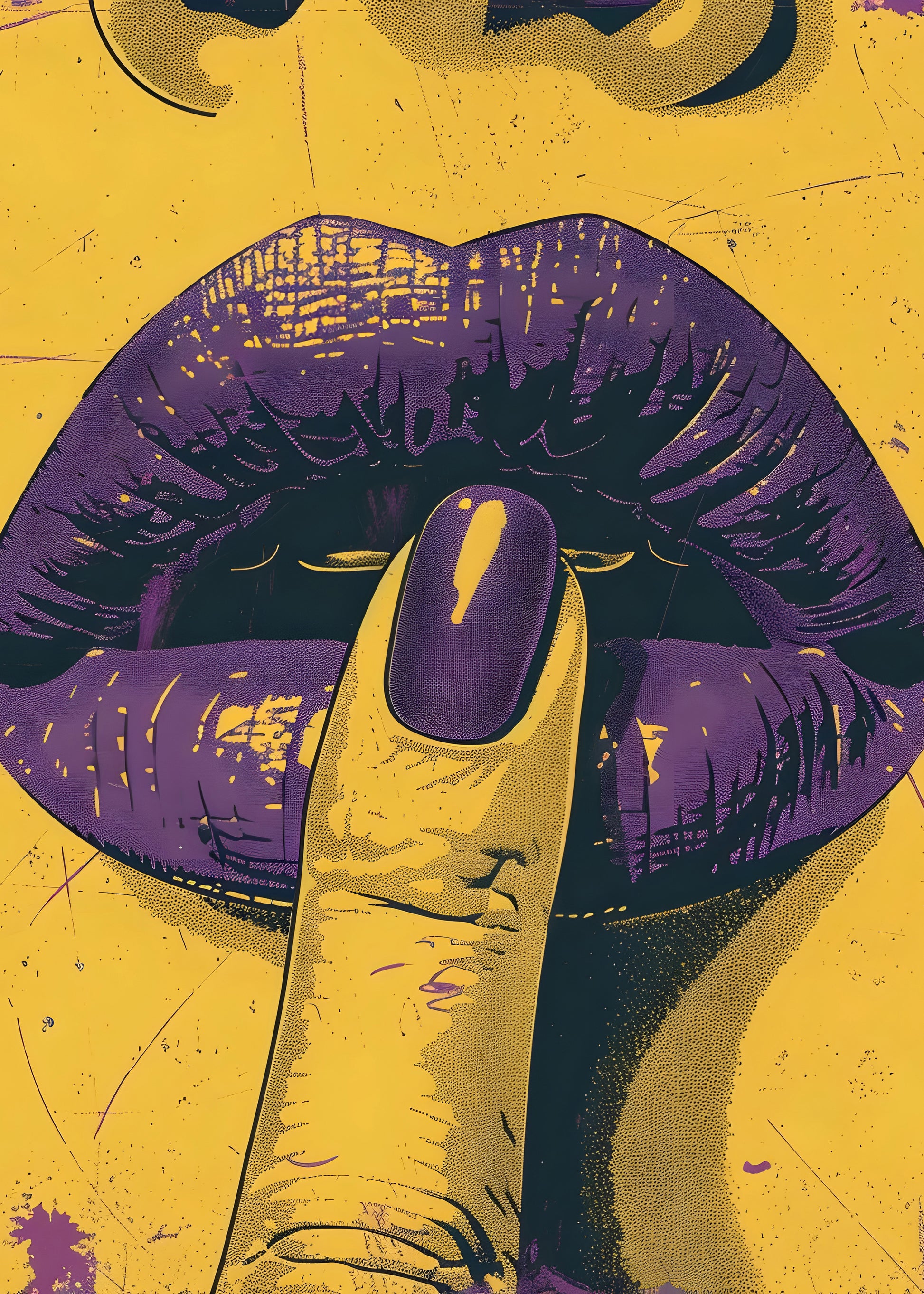 Bold Pop Art Lips – Purple and Yellow Finger-on-Lips Illustration