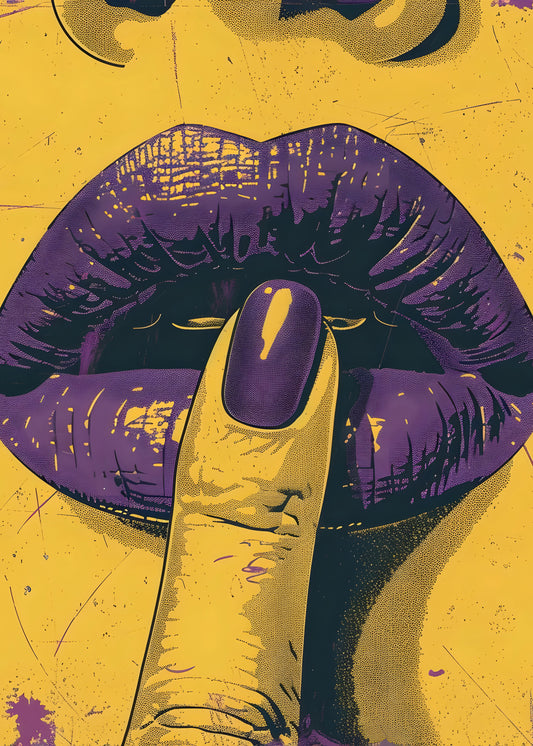 Bold Pop Art Lips – Purple and Yellow Finger-on-Lips Illustration