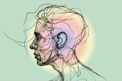 Chaotic Sketch Face Art – Surreal Wireframe Line Drawing Green