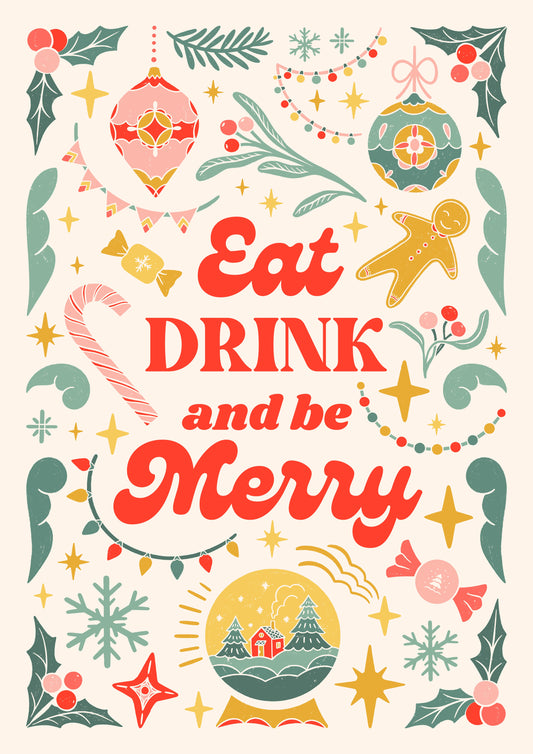 Eat, Drink & Be Merry – Festive Christmas Digital Art Poster | Holiday Wall Decor