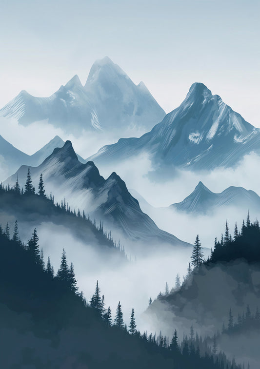 Misty Blue Mountains Digital Art Poster – Tranquil Landscape Wall Decor