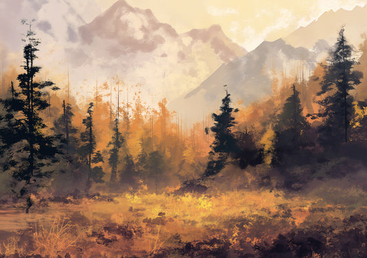 Golden Autumn Forest Landscape – Serene Mountain View Digital Art Poster