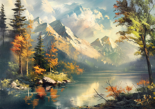 Autumn Mountain Lake Digital Art Poster - Serene Landscape Painting Printable Wall Art