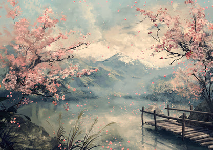 Cherry Blossom Lake – Tranquil Japanese Landscape Digital Art Poster