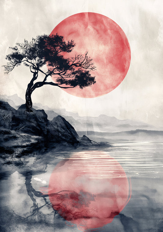 Red Sun & Serene Reflection Digital Art Poster | Minimalist Japanese-Inspired Wall Decor