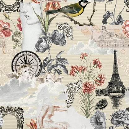 Vintage Parisian Collage Art Print – Romantic Ephemera Wall Decor with Cherubs, Flowers & Eiffel Tower