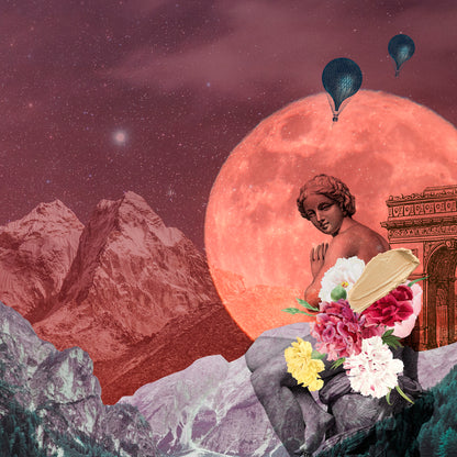 Surreal Moon Collage Art Print – Vintage Fantasy Wall Decor with Statue & Hot Air Balloons