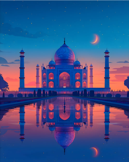 Taj Mahal Digital Art Poster – Dreamy Sunset Night Sky Printable Wall Art