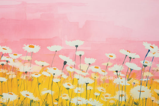 Pink & Yellow Daisy Field Digital Art Poster – Bright Floral Wall Décor