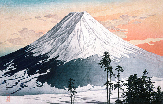 Mount Fuji at Sunrise Japanese Woodblock Digital Art Poster | Traditional Landscape Print