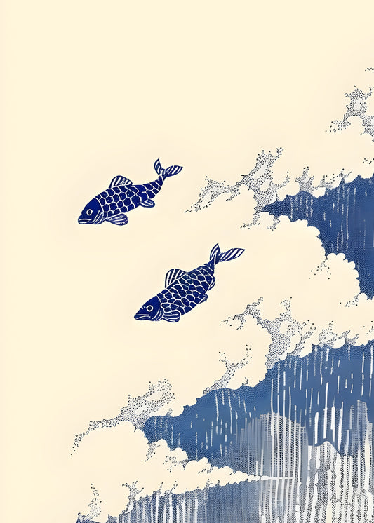 Koi in the Clouds Digital Art Print – Japanese Minimalist Fish & Wave Poster | Instant Download Wall Decor