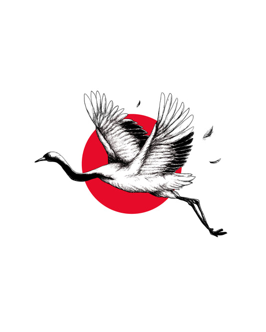 Japanese Crane Art Print – Minimalist Red Sun & Bird Illustration