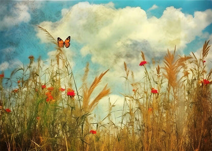 Autumn Red Flower with Butterfly Painting Poster – Nature-Inspired Wall painting Decor for Home & Office