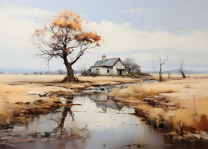 House Near River Painting Poster – Nature-Inspired Wall painting Decor for Home & Office