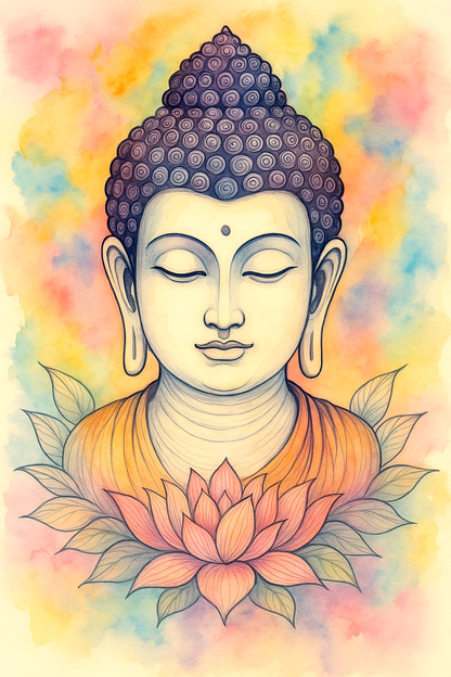 Serene Buddha Watercolor Wall Art – Vibrant Pastel Background, Digital Printable Zen Decor