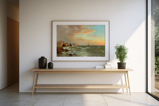 Stormy Sunset Seascape with Sailboats – Romantic Ocean Digital Art Poster