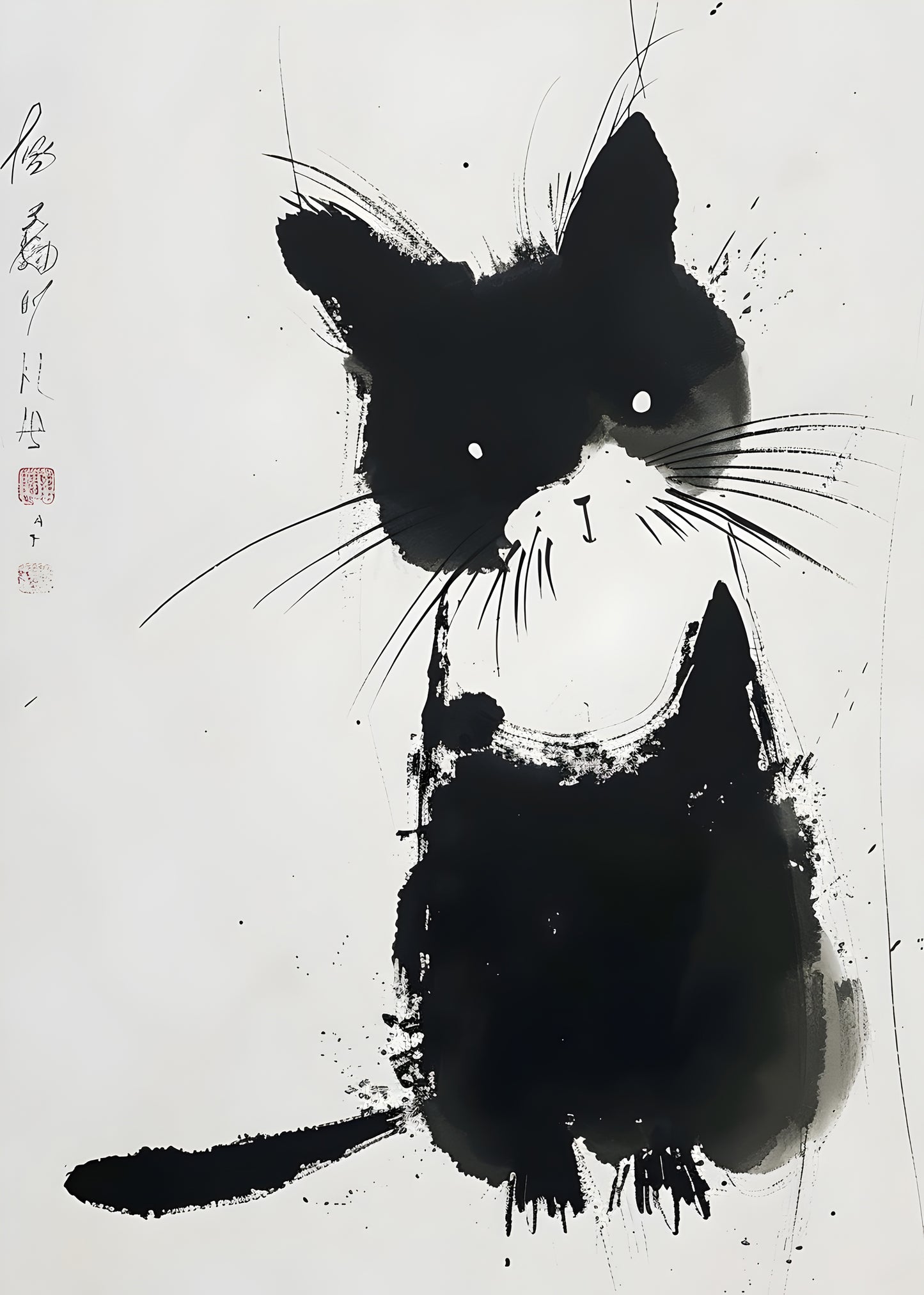 Ink Brush Cat Art Print – Minimalist Black Cat Wall Decor, Japanese Sumi-e Style, Digital Download