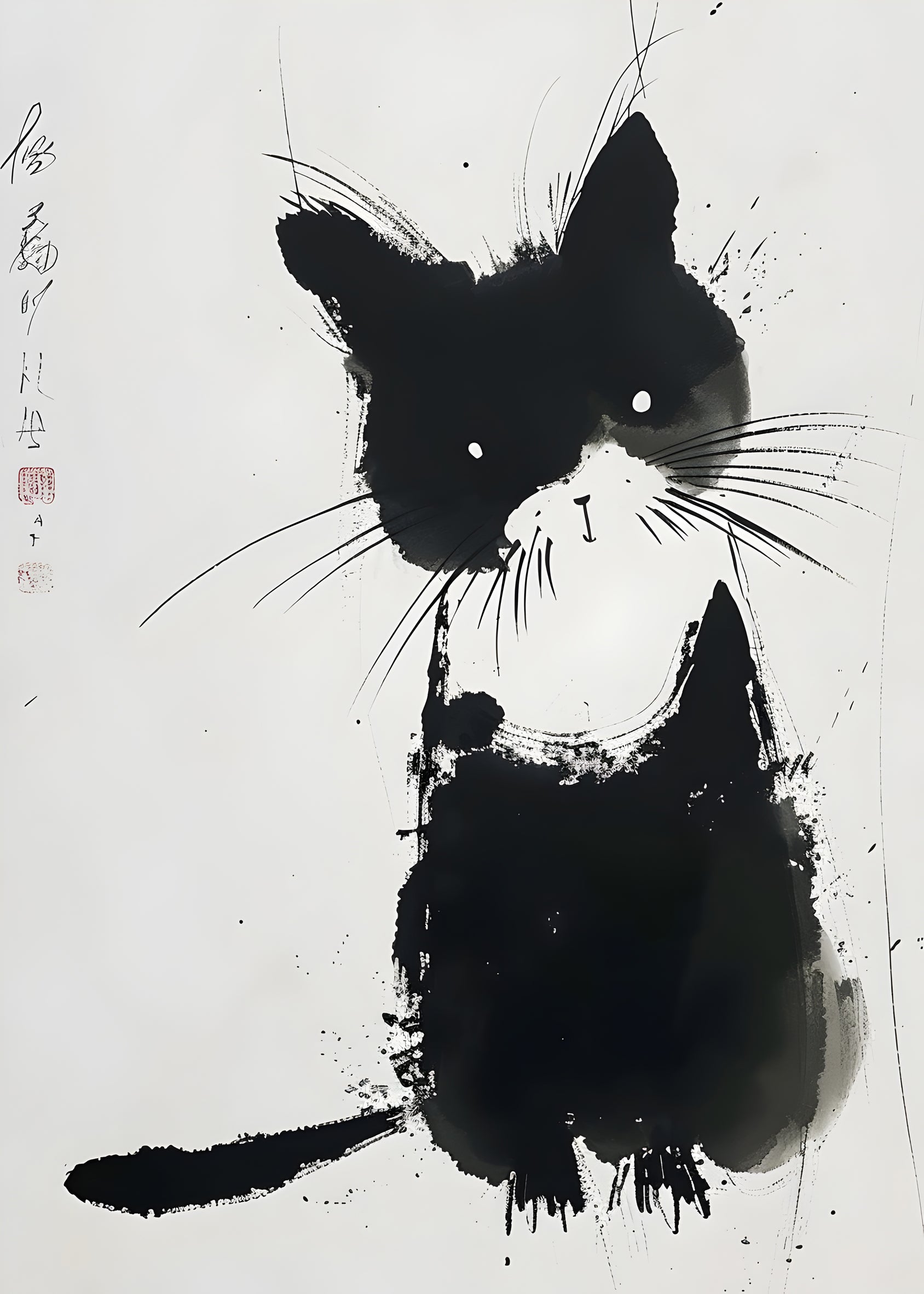 Ink Brush Cat Art Print – Minimalist Black Cat Wall Decor, Japanese Sumi-e Style, Digital Download