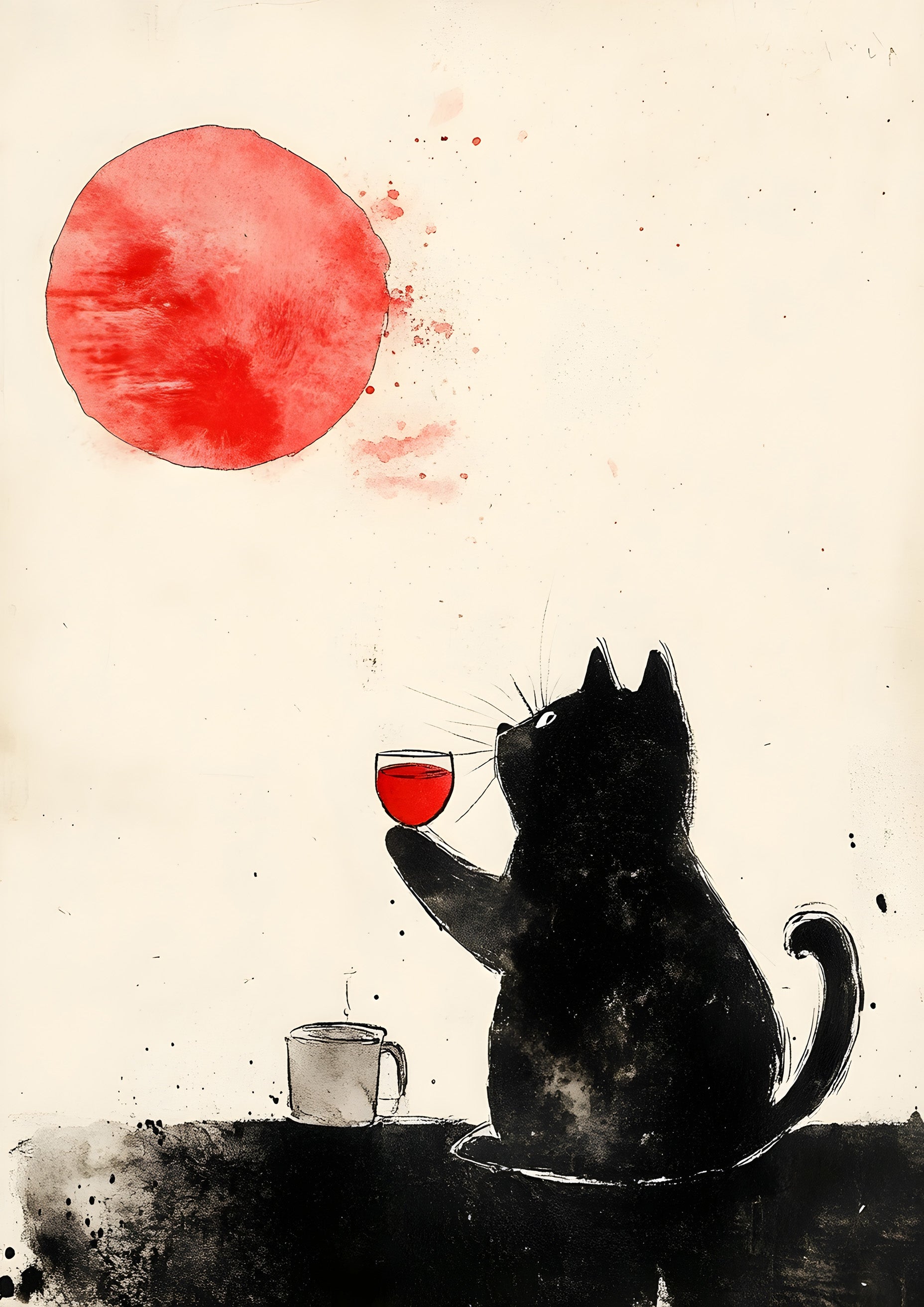 Black Cat with Wine Under Red Sun – Minimalist Japanese-Inspired Art, Digital Wall Print