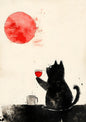 Black Cat with Wine Under Red Sun – Minimalist Japanese-Inspired Art, Digital Wall Print