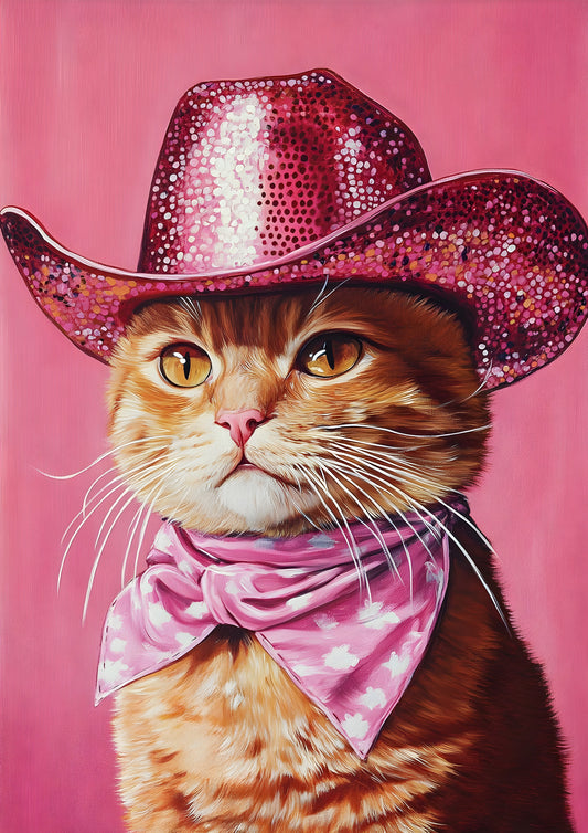 Cowgirl Cat in Pink Hat – Funny Western Cat Wall Art, Digital Download Print