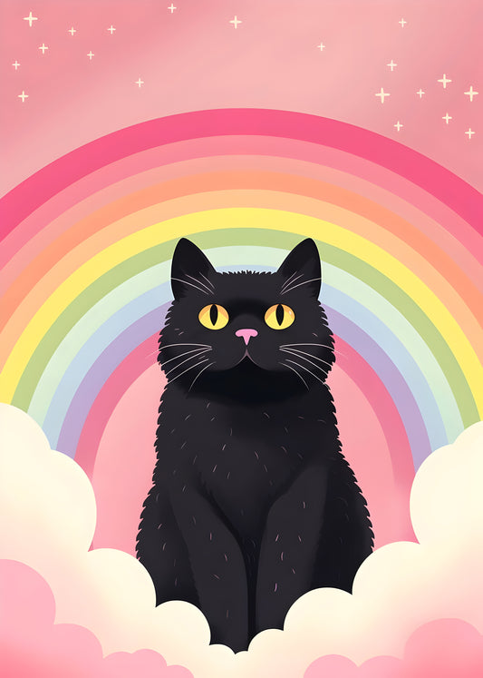 Black Cat Rainbow Poster – Cute Magical Cat Wall Art, Printable Digital Download