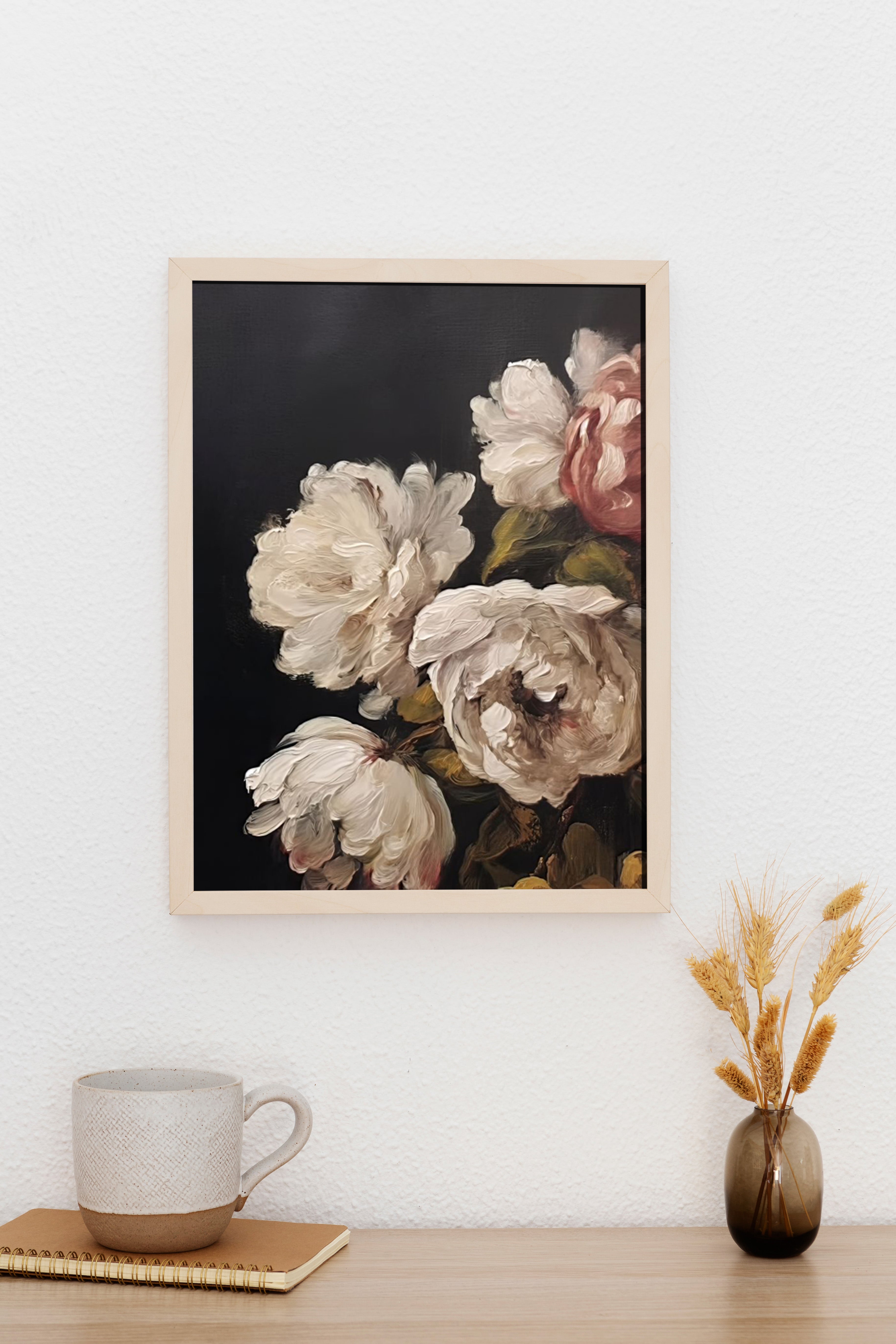 Elegant White Peony Floral Oil Painting – Vintage Digital Art Poster for Home Décor