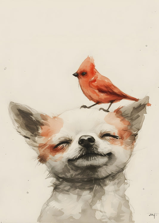 Smiling Dog with Cardinal – Whimsical Watercolor Animal Print, Digital Download