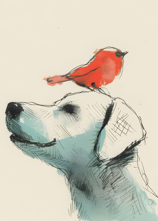 Sketch Dog and Red Bird – Minimalist Line Art Animal Print, Digital Download