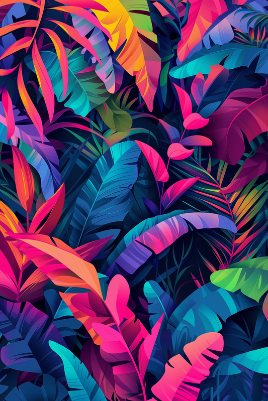 Vibrant Tropical Jungle Leaves Poster | Neon Botanical Digital Art | Colourful Wall Décor Download
