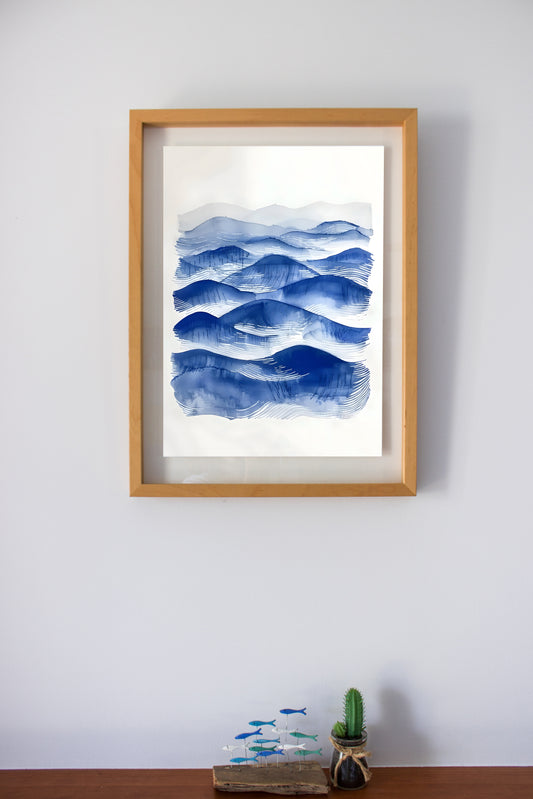 Blue Ocean Waves Watercolor Digital Art Poster – Abstract Seascape Printable Wall Decor