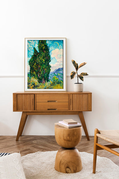 Cypress Trees Inspired by Van Gogh – Vibrant Impressionist Digital Art Poster