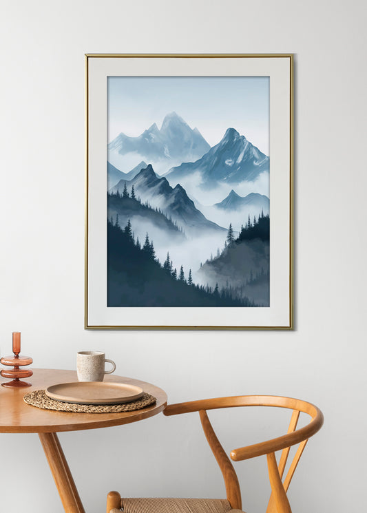 Misty Blue Mountains Digital Art Poster – Tranquil Landscape Wall Decor