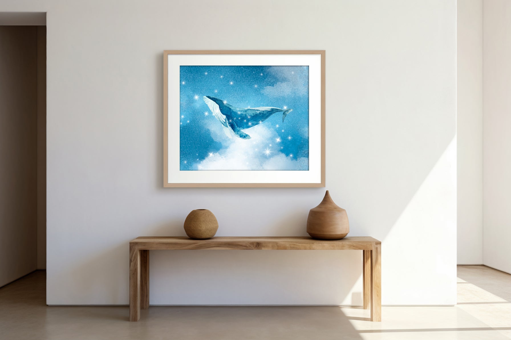 Celestial Whale Digital Art Poster – Dreamy Ocean-Inspired Watercolour Wall Art