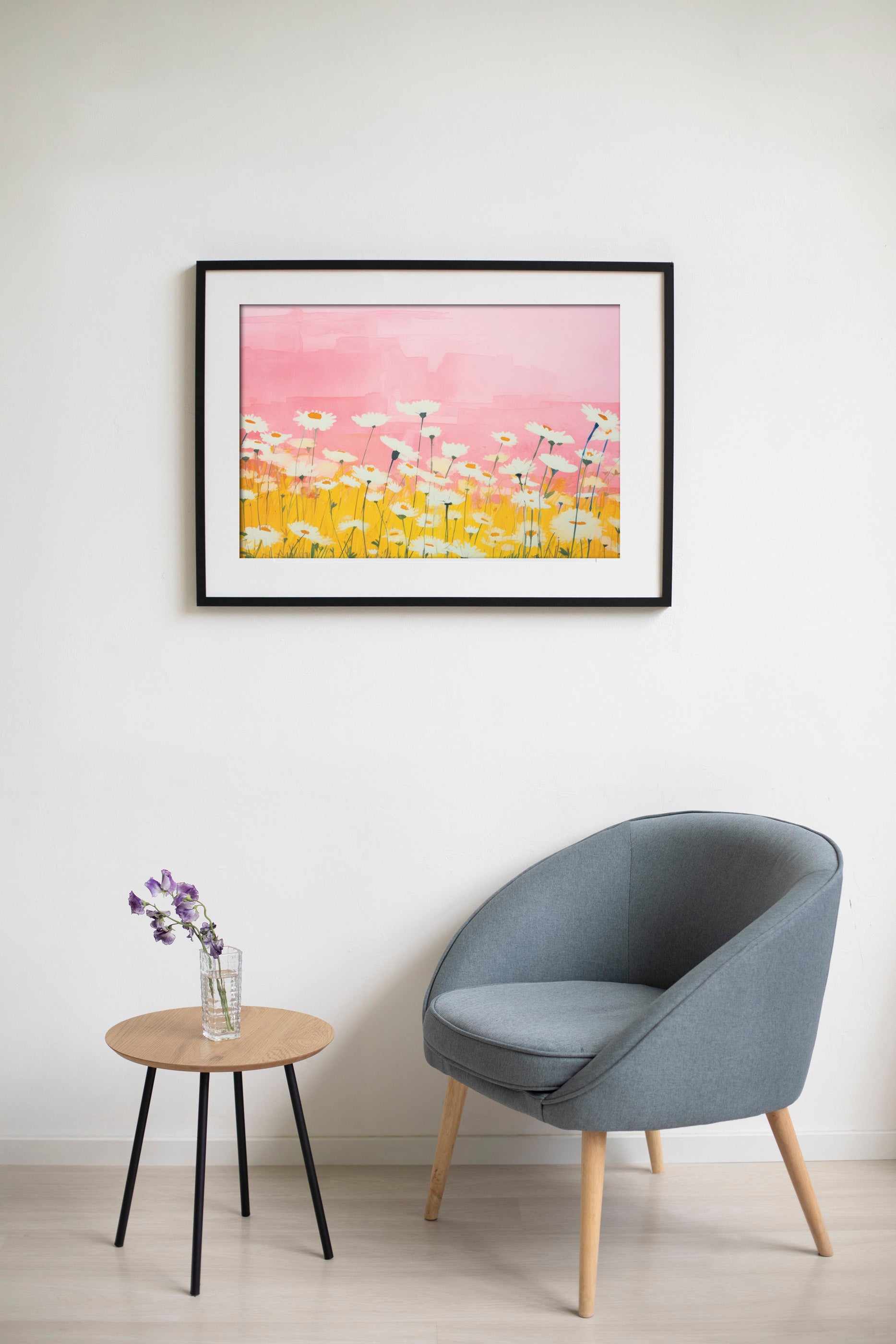 Pink & Yellow Daisy Field Digital Art Poster – Bright Floral Wall Décor