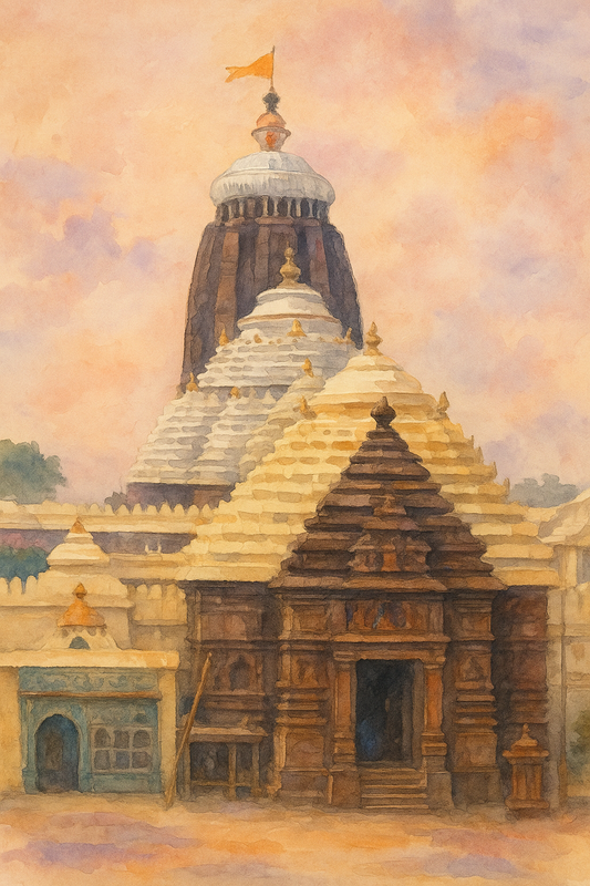 Jagannath Temple Watercolor Digital Art Poster | Indian Heritage Wall Decor