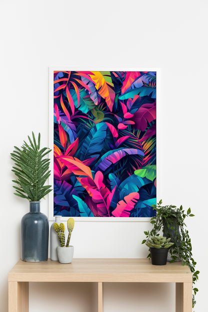 Vibrant Tropical Jungle Leaves Poster | Neon Botanical Digital Art | Colourful Wall Décor Download